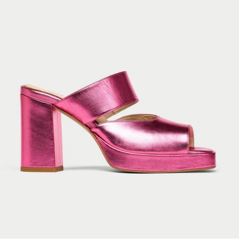 Shiny Pink Block Heel Mules